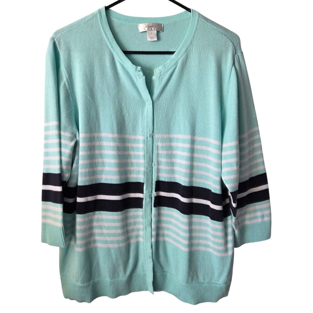 CJ Banks Womens 14W Mint Green Striped Cotton Cardigan Sweater Preppy Office